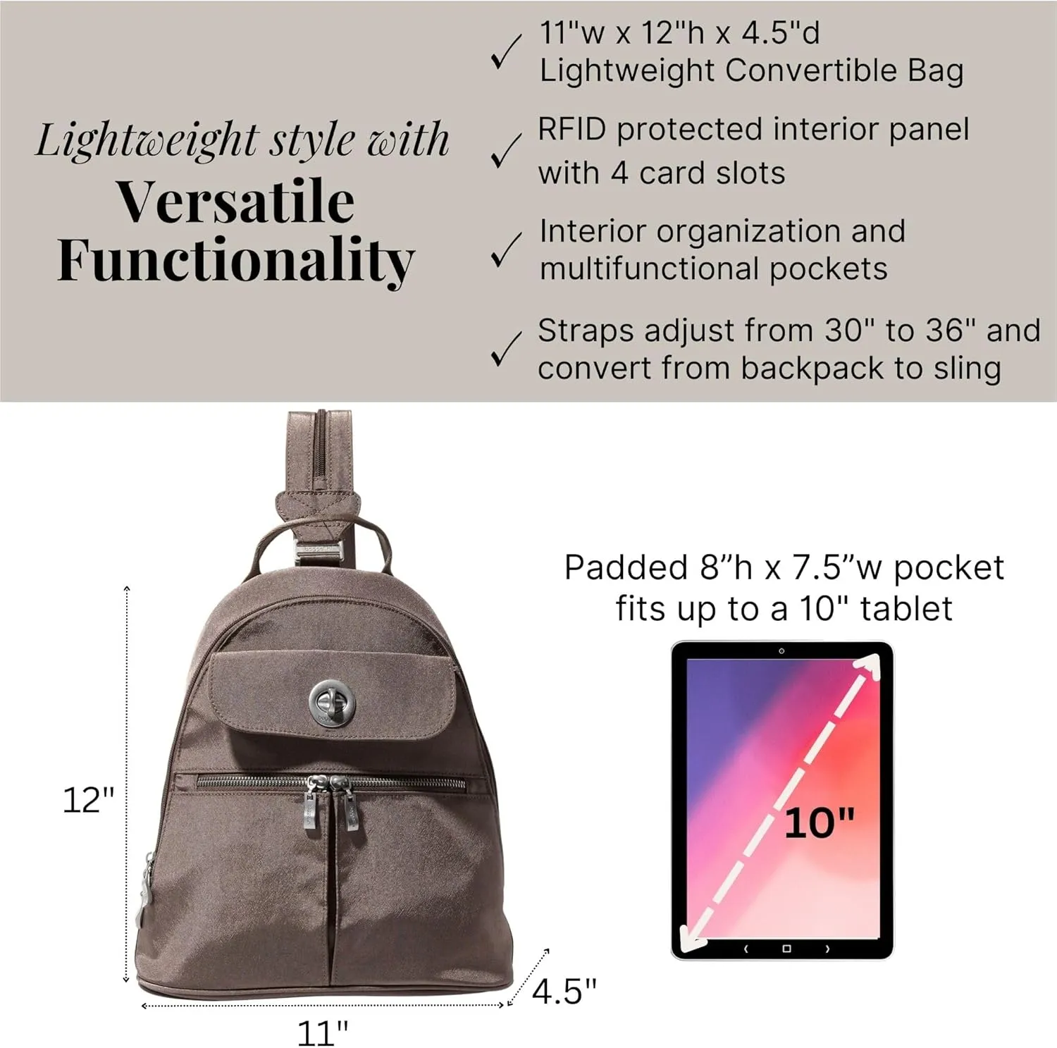 Baggallini Naples Convertible Small Daypack Sling Crossbody, Portobello Shimmer