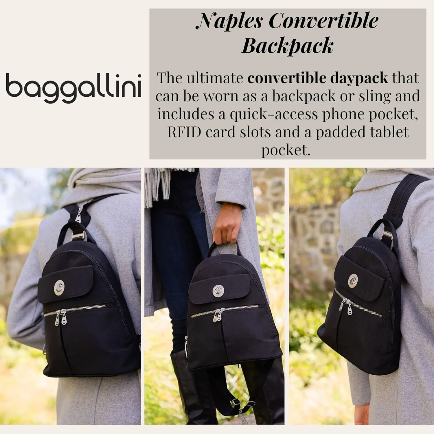 Baggallini Naples Convertible Small Daypack Sling Crossbody, Portobello Shimmer