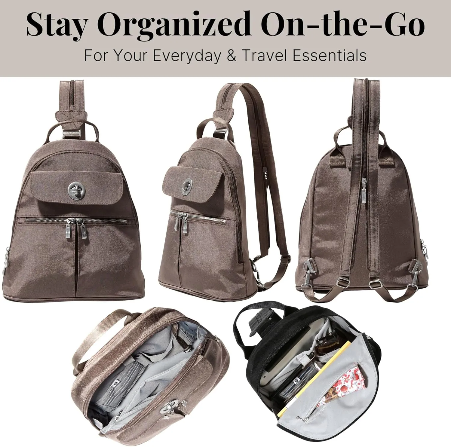 Baggallini Naples Convertible Small Daypack Sling Crossbody, Portobello Shimmer