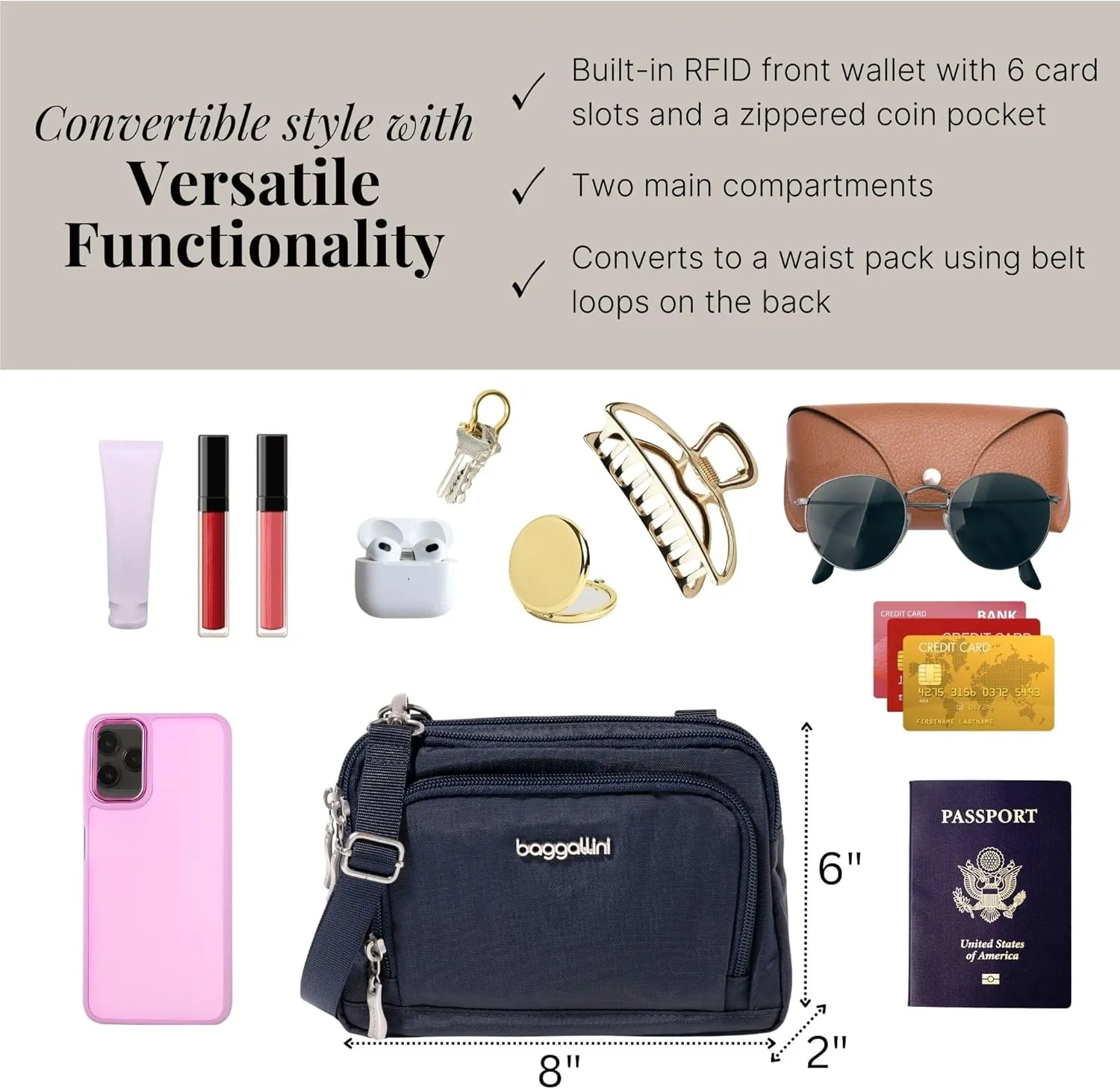Baggallini Women Triple Zip Bag with Wallet
