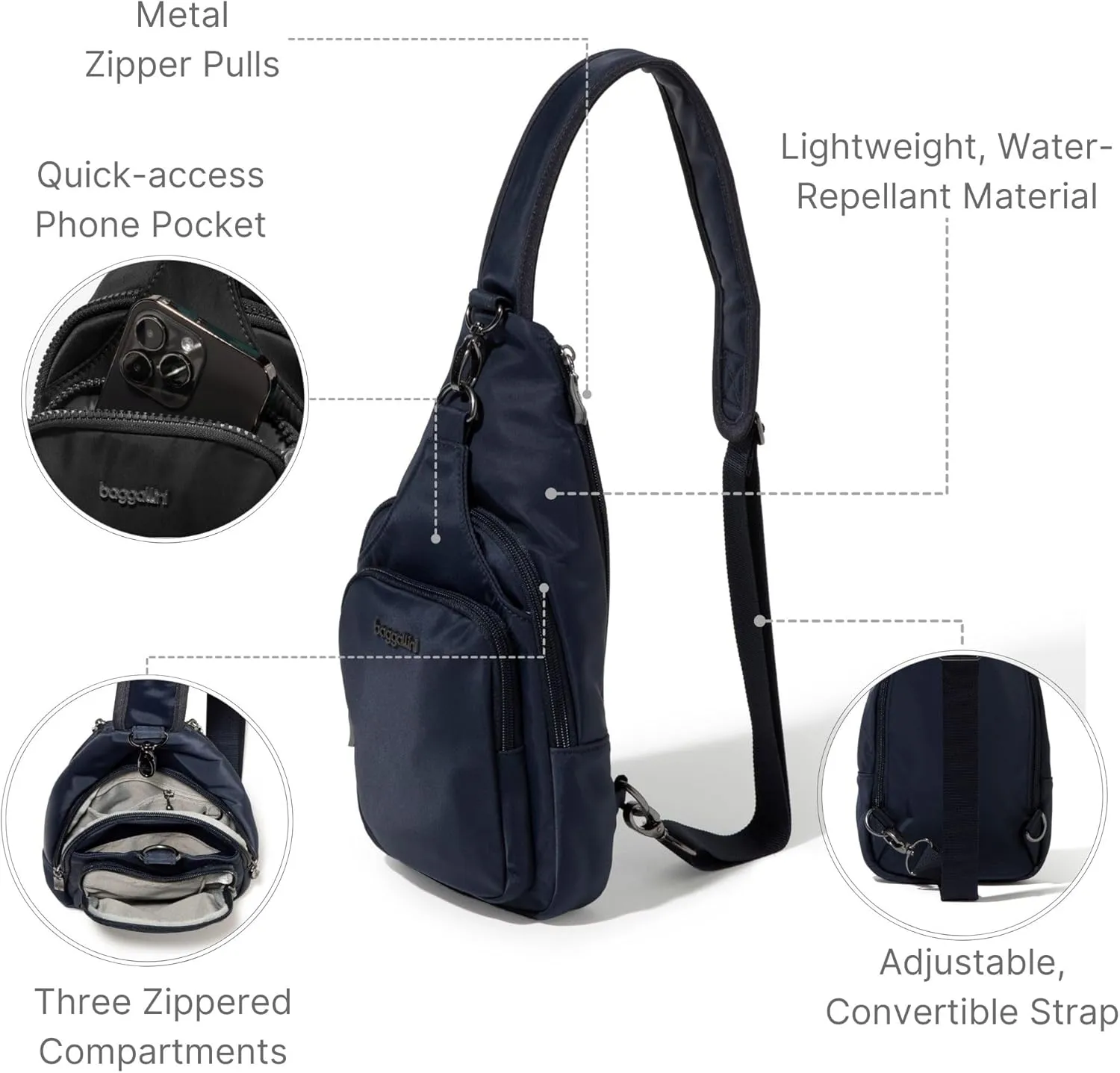 Baggallini Women's Central Park Sling 12"x7" Crossbody Bag W/Convertible Adjustable Shoulder Strap