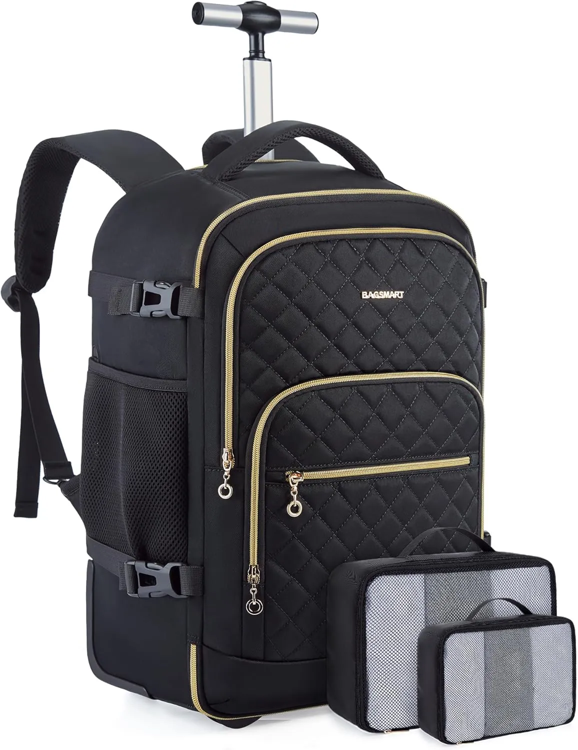 BAGSMART Rolling Backpack for Women, Travel Carry-On Backpack with Wheels, 17 Inch Large Roller Wheeled Daypack with Two Packing Cubes, Black