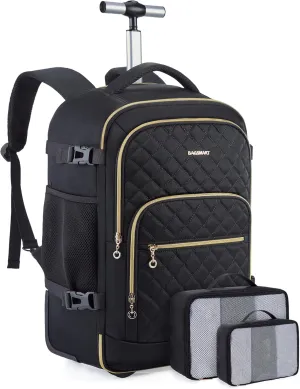 BAGSMART Rolling Backpack for Women, Travel Carry-On Backpack with Wheels, 17 Inch Large Roller Wheeled Daypack with Two Packing Cubes, Black