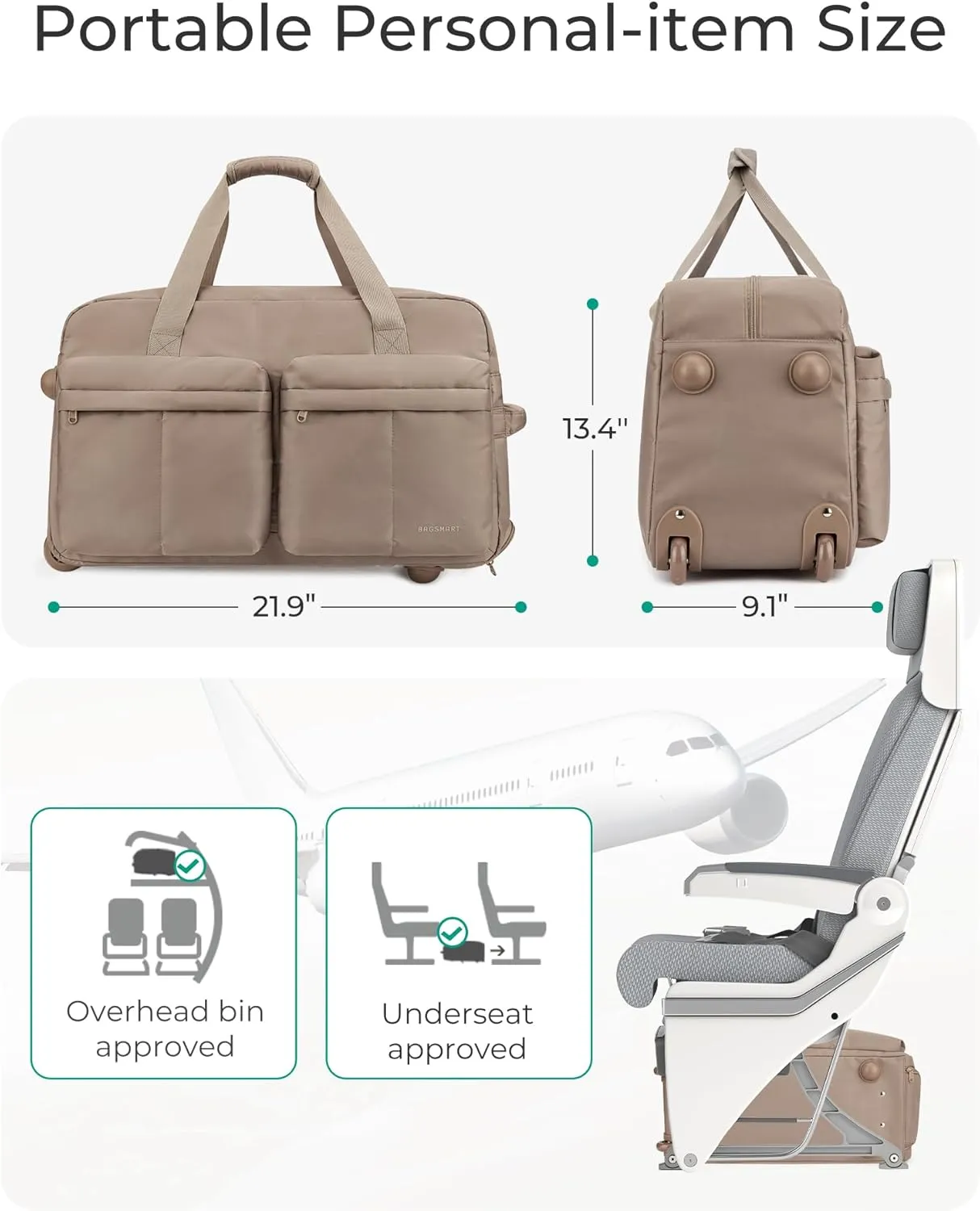 BAGSMART Rolling Duffle Bag with Wheels, Carry On Wet Pocket Duffel for Travel with Handle, Brown