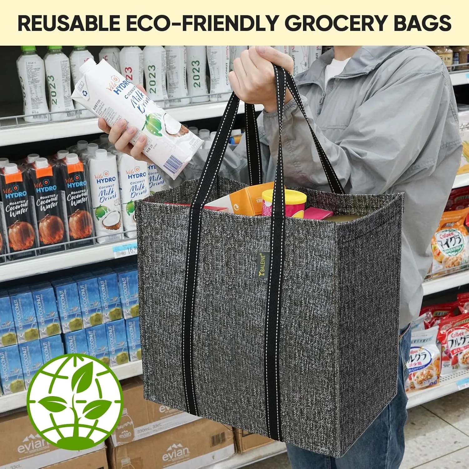 BALEINE 4 PK Grocery Bags Reusable Shopping Bags with Reinforced Bottom, Heavy Duty Foldable Tote Bags (Grey)