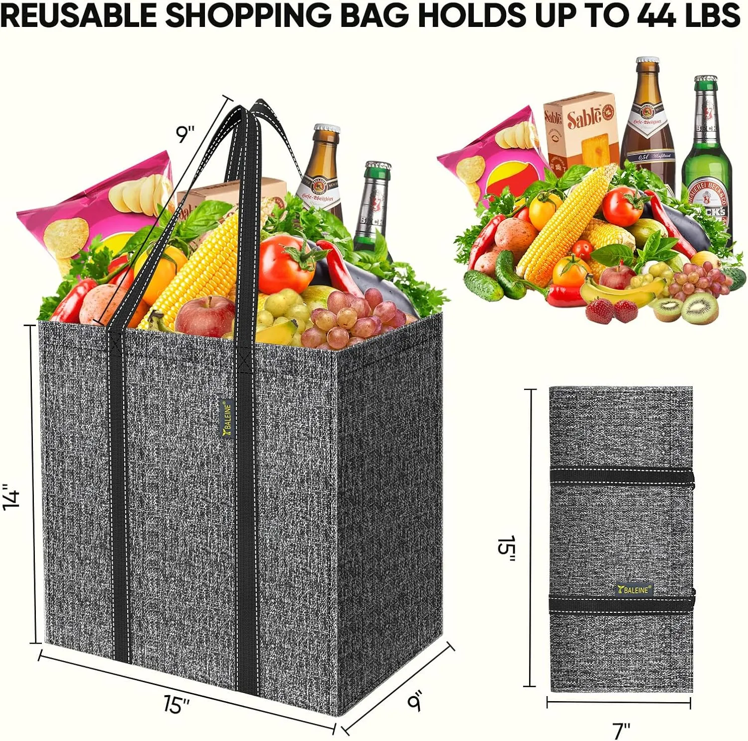 BALEINE 4 PK Grocery Bags Reusable Shopping Bags with Reinforced Bottom, Heavy Duty Foldable Tote Bags (Grey)