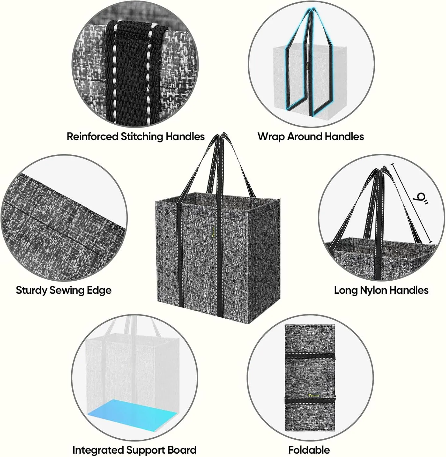 BALEINE 4 PK Grocery Bags Reusable Shopping Bags with Reinforced Bottom, Heavy Duty Foldable Tote Bags (Grey)