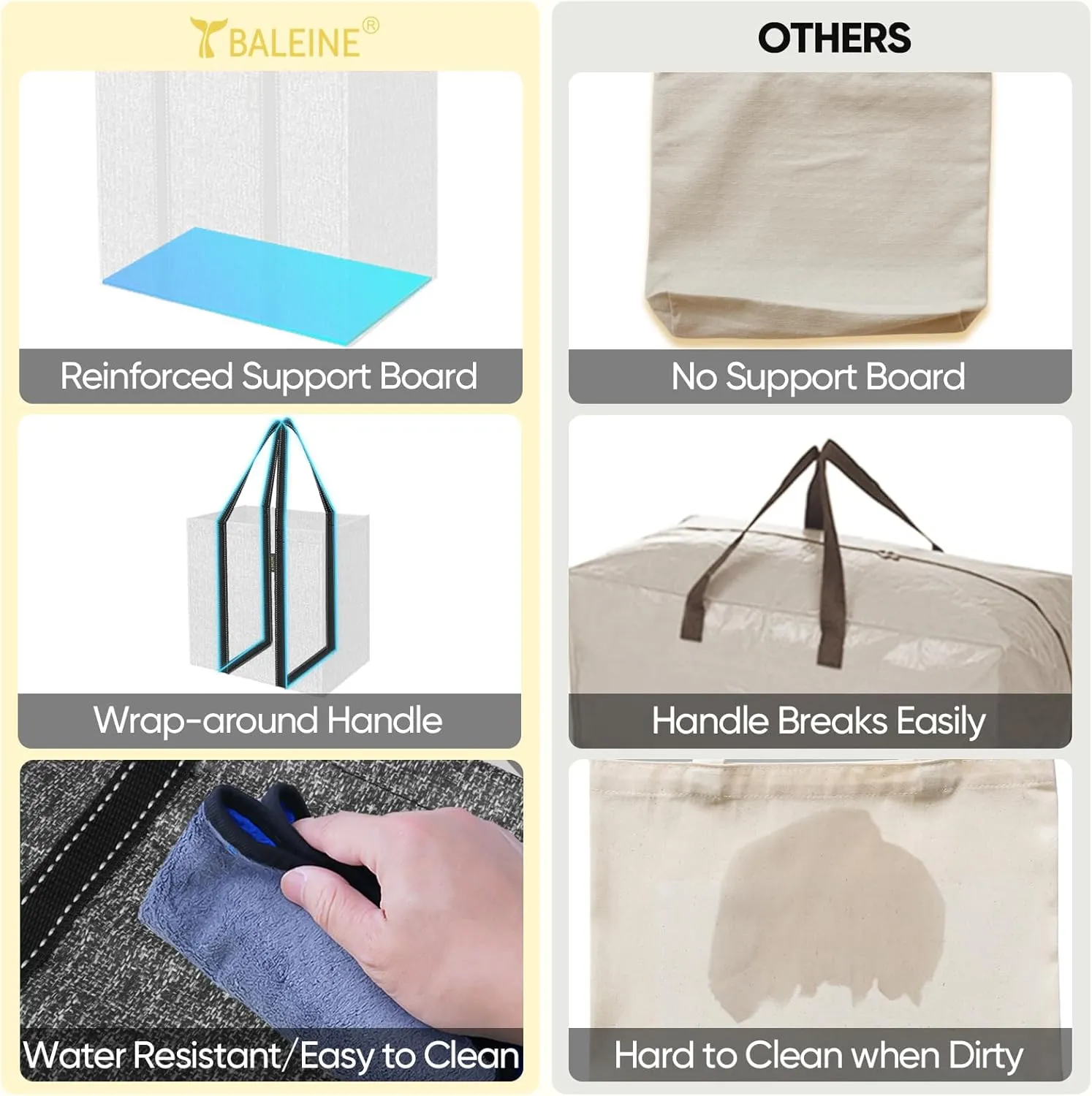 BALEINE 4 PK Grocery Bags Reusable Shopping Bags with Reinforced Bottom, Heavy Duty Foldable Tote Bags (Grey)