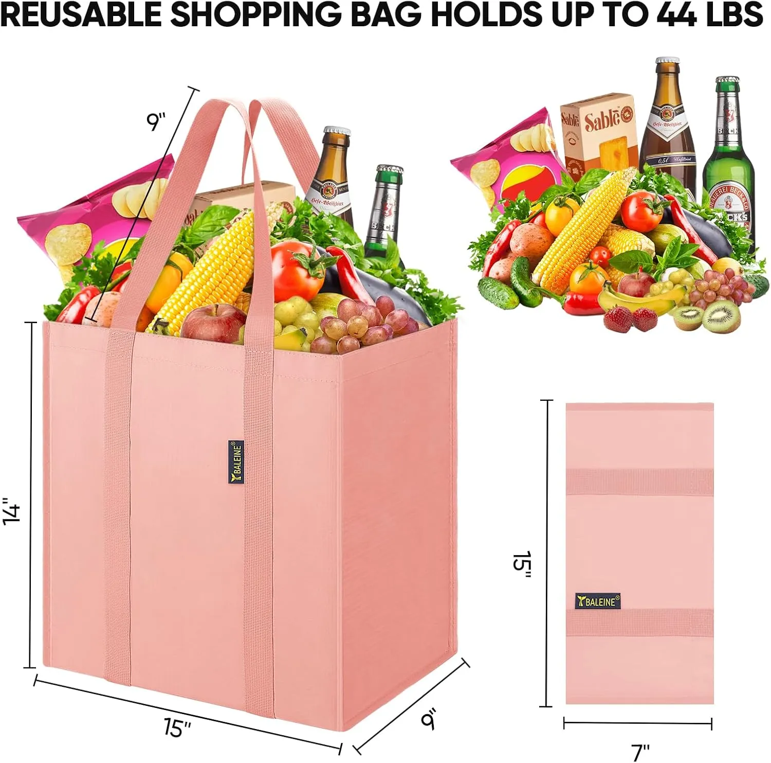 BALEINE 4 PK Grocery Bags Reusable Shopping Bags with Reinforced Bottom, Heavy Duty Foldable Tote BagsPink, 4 Pack