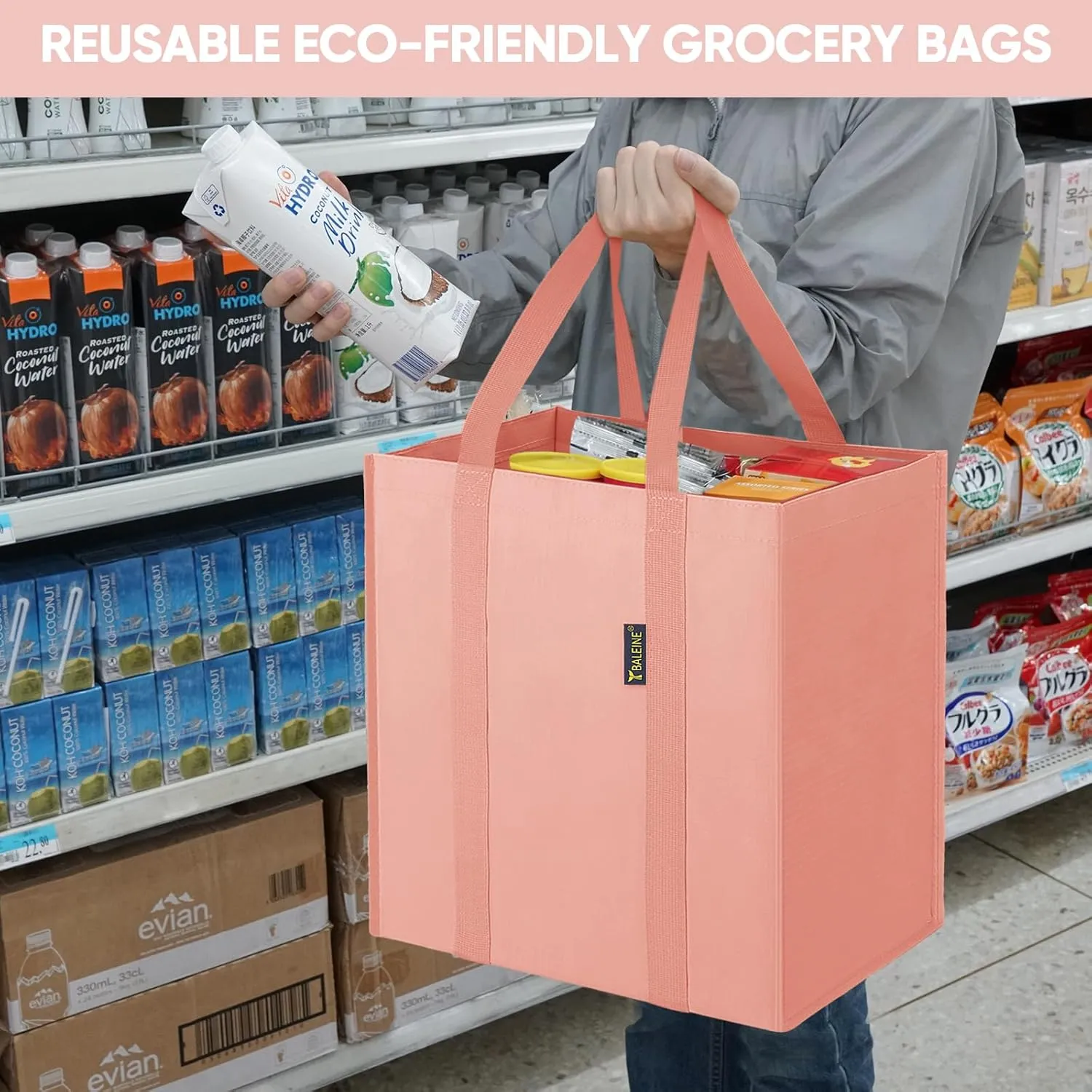 BALEINE 4 PK Grocery Bags Reusable Shopping Bags with Reinforced Bottom, Heavy Duty Foldable Tote BagsPink, 4 Pack