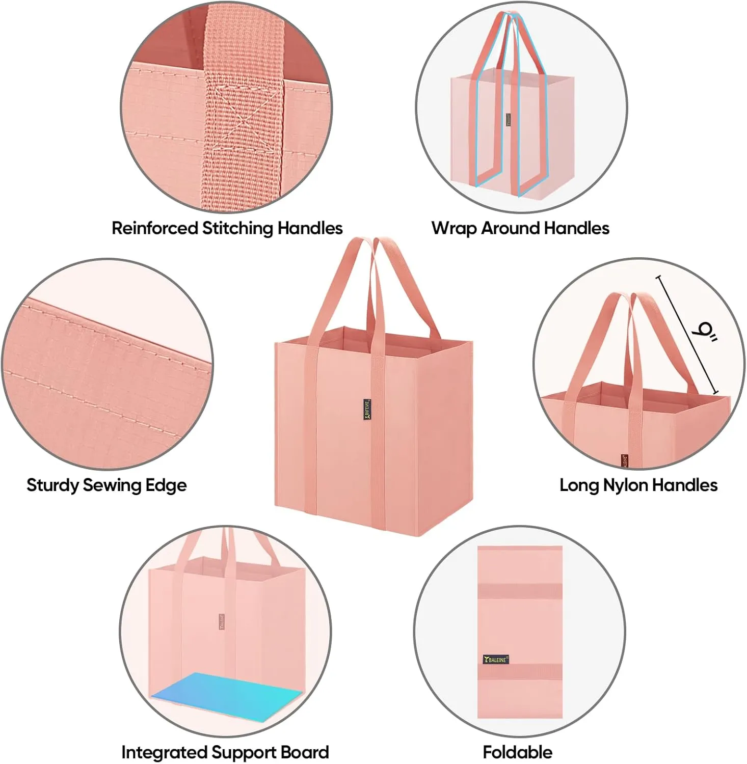 BALEINE 4 PK Grocery Bags Reusable Shopping Bags with Reinforced Bottom, Heavy Duty Foldable Tote BagsPink, 4 Pack