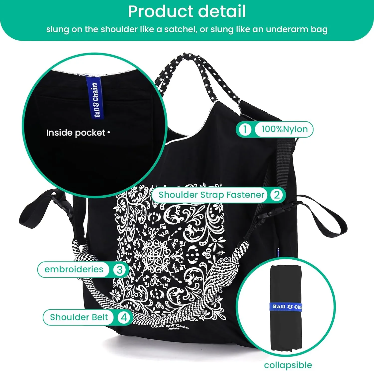 Ball&Chain Embroidery Tote Bag Women Work Bags Crossbody Bag Purse for Women Travel Bags Handbags Everyday Bag