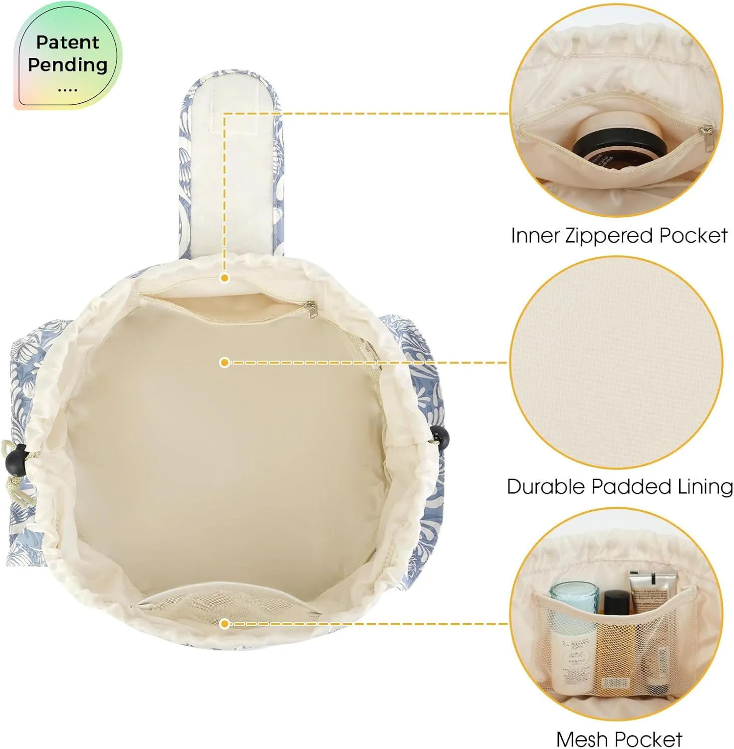 Barrel Drawstring Makeup Bag Large Cosmetic Bag Make up Bags Toiletry Organizer for Women (Blue Leaf) (Patent)