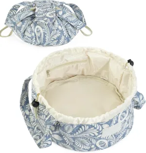 Barrel Drawstring Makeup Bag Large Cosmetic Bag Make up Bags Toiletry Organizer for Women (Blue Leaf) (Patent)