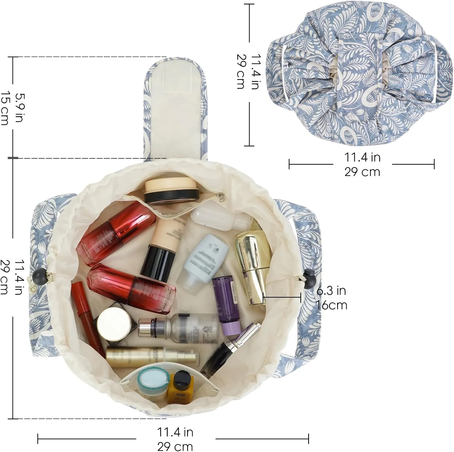 Barrel Drawstring Makeup Bag Large Cosmetic Bag Make up Bags Toiletry Organizer for Women (Blue Leaf) (Patent)