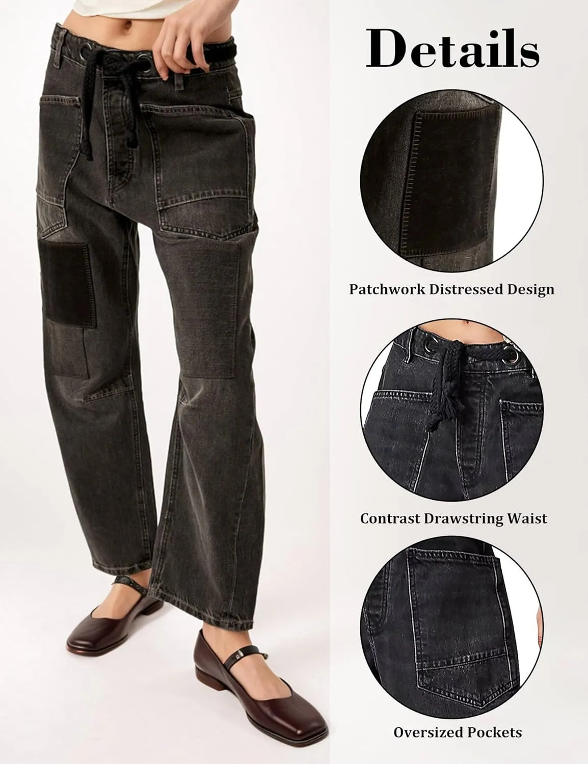 Barrel Jeans Women Trendy Low Rise Drawstring Baggy Jeans Vintage Pant Casual Wide Leg Horseshoe Demin with Pockets
