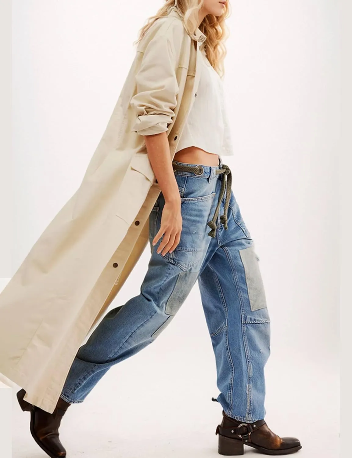 Barrel Jeans Women Trendy Low Rise Drawstring Baggy Jeans Vintage Pant Casual Wide Leg Horseshoe Demin with Pockets