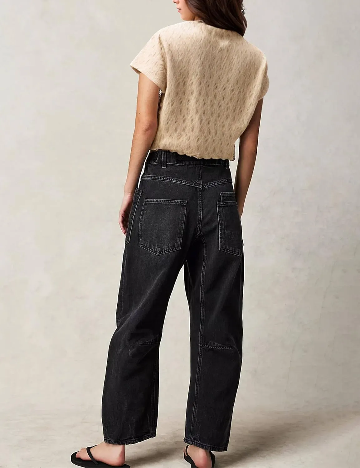Barrel Jeans Women Trendy Low Rise Drawstring Baggy Jeans Vintage Pant Casual Wide Leg Horseshoe Demin with Pockets