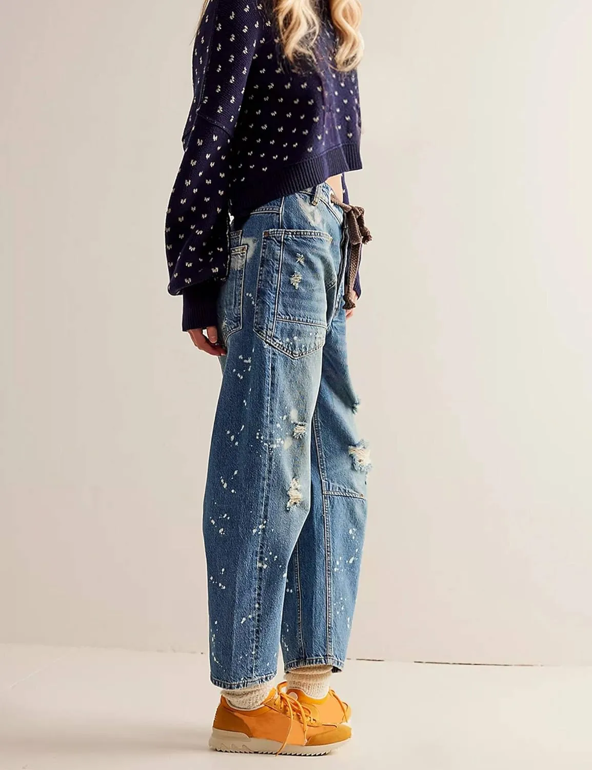 Barrel Jeans Women Trendy Low Rise Drawstring Baggy Jeans Vintage Pant Casual Wide Leg Horseshoe Demin with Pockets