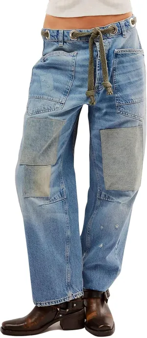 Barrel Jeans Women Trendy Low Rise Drawstring Baggy Jeans Vintage Pant Casual Wide Leg Horseshoe Demin with Pockets