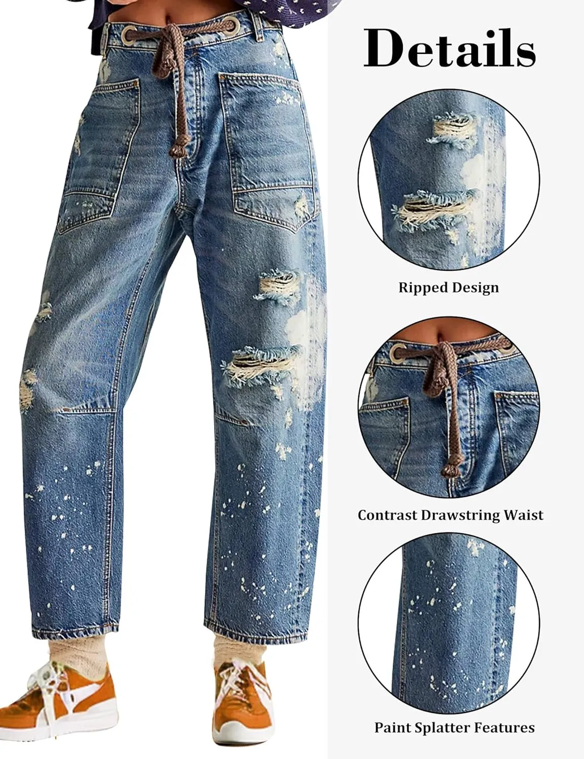 Barrel Jeans Women Trendy Low Rise Drawstring Baggy Jeans Vintage Pant Casual Wide Leg Horseshoe Demin with Pockets