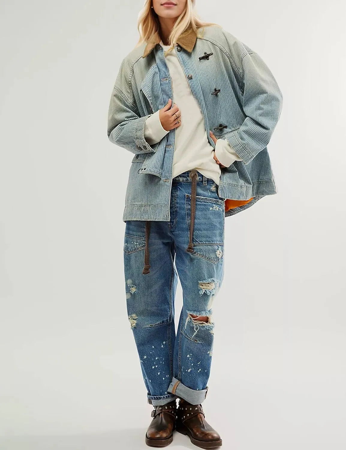 Barrel Jeans Women Trendy Low Rise Drawstring Baggy Jeans Vintage Pant Casual Wide Leg Horseshoe Demin with Pockets