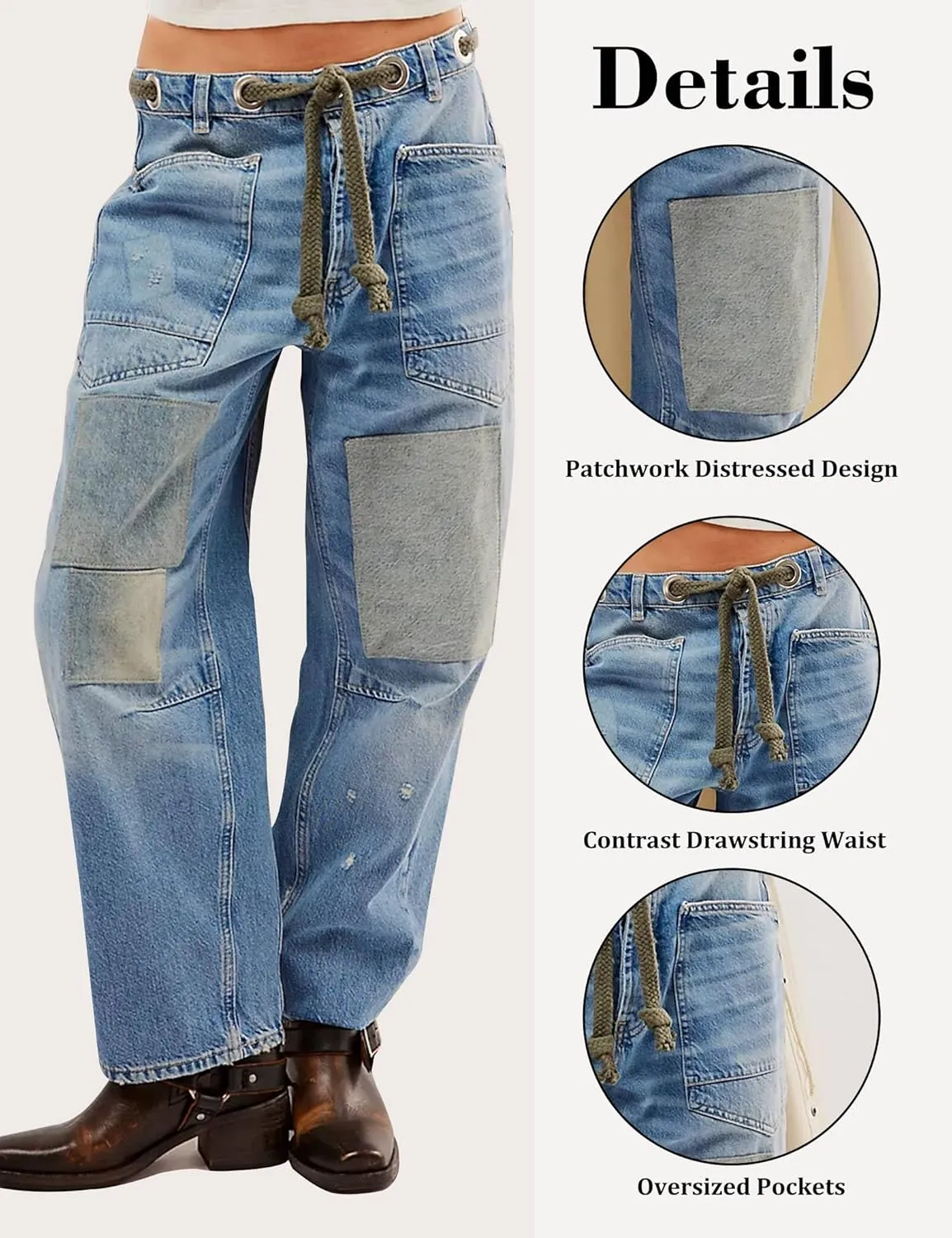 Barrel Jeans Women Trendy Low Rise Drawstring Baggy Jeans Vintage Pant Casual Wide Leg Horseshoe Demin with Pockets