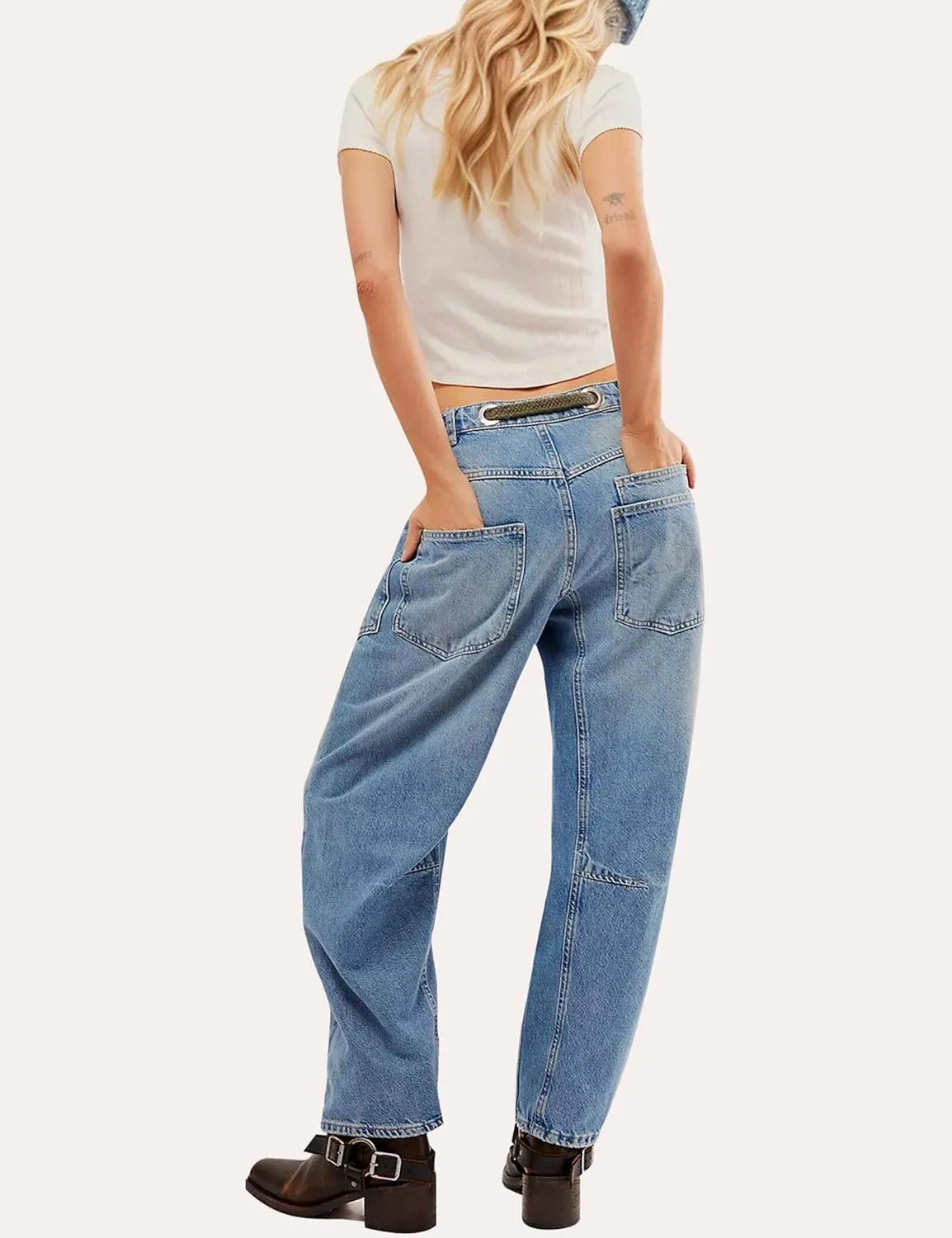 Barrel Jeans Women Trendy Low Rise Drawstring Baggy Jeans Vintage Pant Casual Wide Leg Horseshoe Demin with Pockets