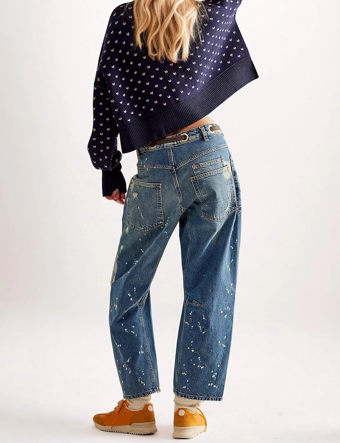 Barrel Jeans Women Trendy Low Rise Drawstring Baggy Jeans Vintage Pant Casual Wide Leg Horseshoe Demin with Pockets