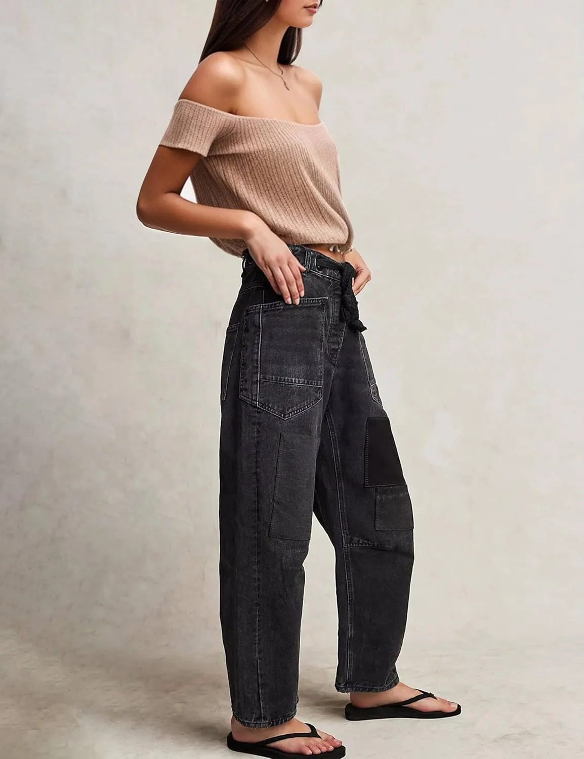 Barrel Jeans Women Trendy Low Rise Drawstring Baggy Jeans Vintage Pant Casual Wide Leg Horseshoe Demin with Pockets
