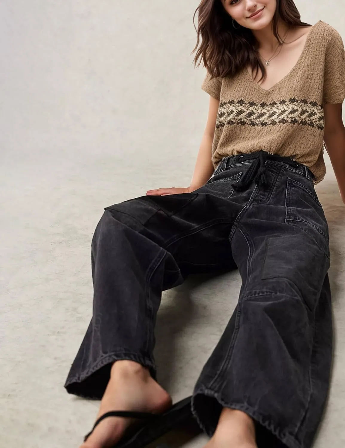 Barrel Jeans Women Trendy Low Rise Drawstring Baggy Jeans Vintage Pant Casual Wide Leg Horseshoe Demin with Pockets