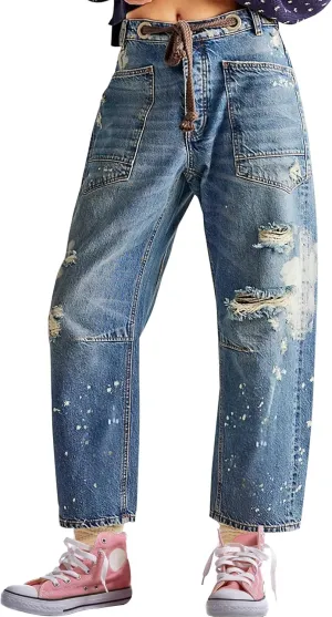 Barrel Jeans Women Trendy Low Rise Drawstring Baggy Jeans Vintage Pant Casual Wide Leg Horseshoe Demin with Pockets