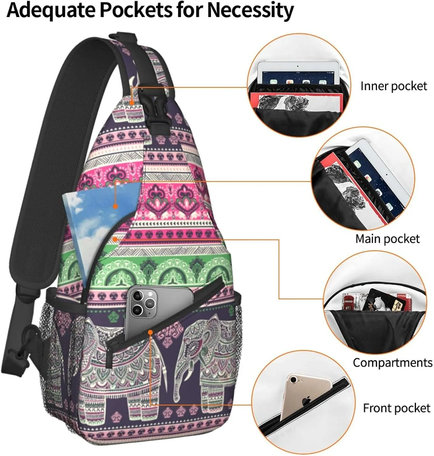 bassyil Elephant Sling Bag Crossbody Travel Hiking Chest Backpack Shoulder Daypack for Women Men