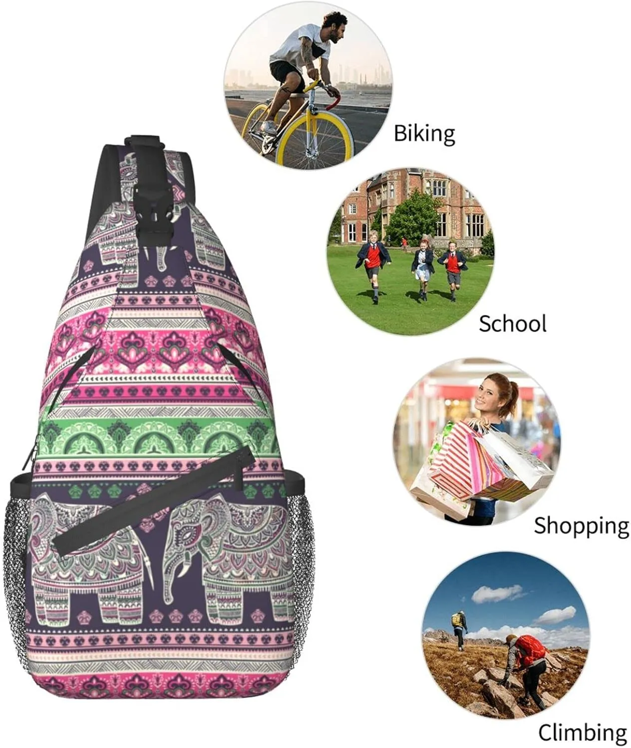 bassyil Elephant Sling Bag Crossbody Travel Hiking Chest Backpack Shoulder Daypack for Women Men