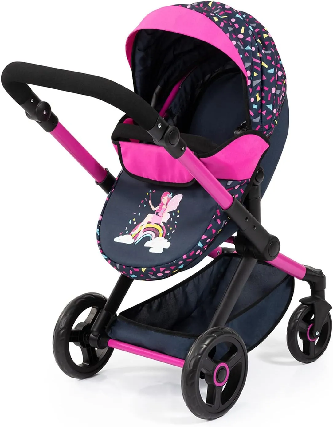 Bayer Design Dolls: Pram Xeo: Shapes Navy & Pink - Matching Handbag, Adjustable Handle, for Dolls Up to 20", Ages 3 