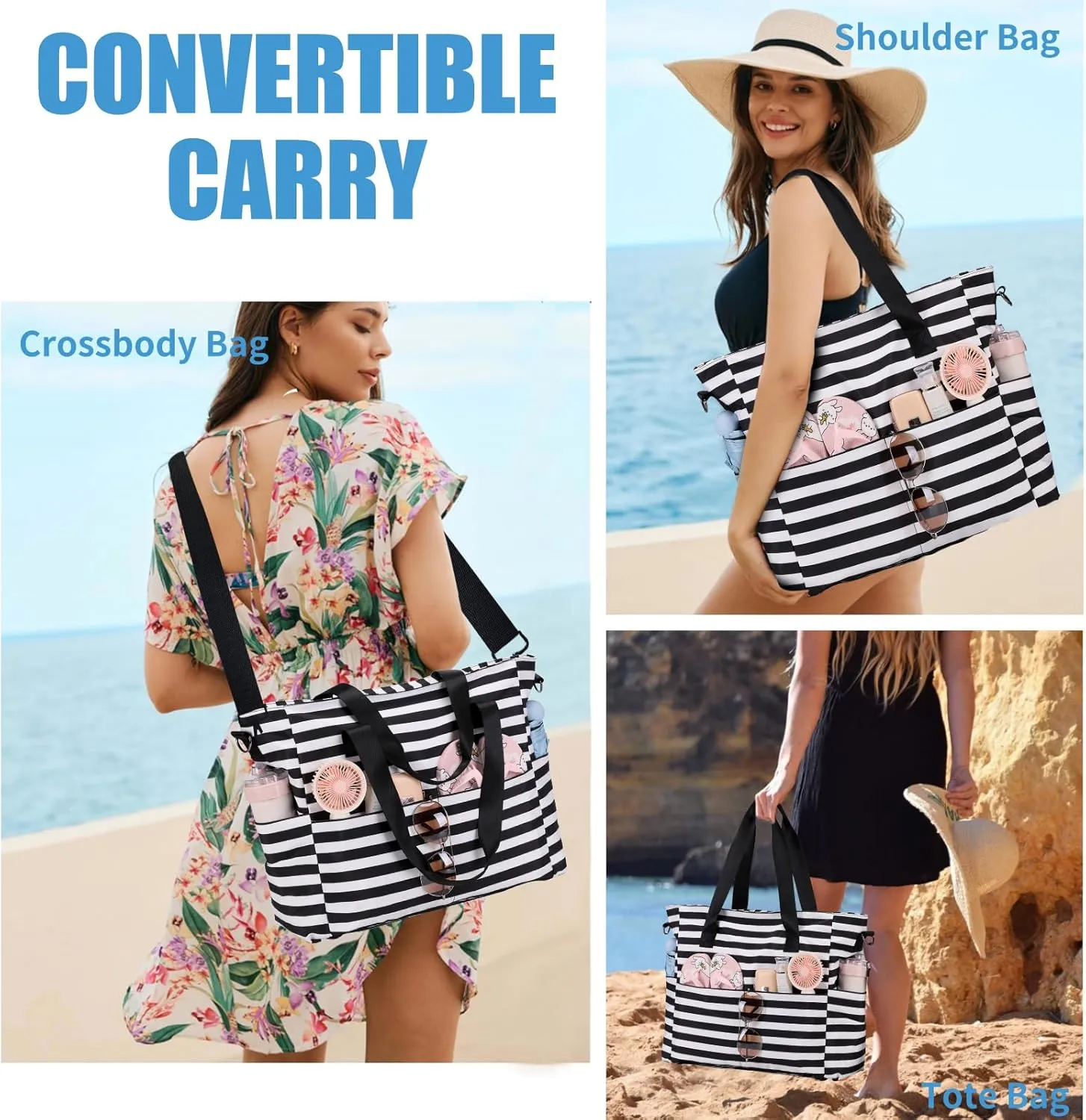 Beach Bags for Women, Large Waterproof Sandproof Swim Pool Bag with Dry Wet Seperated Pocket Utility Tote Bag