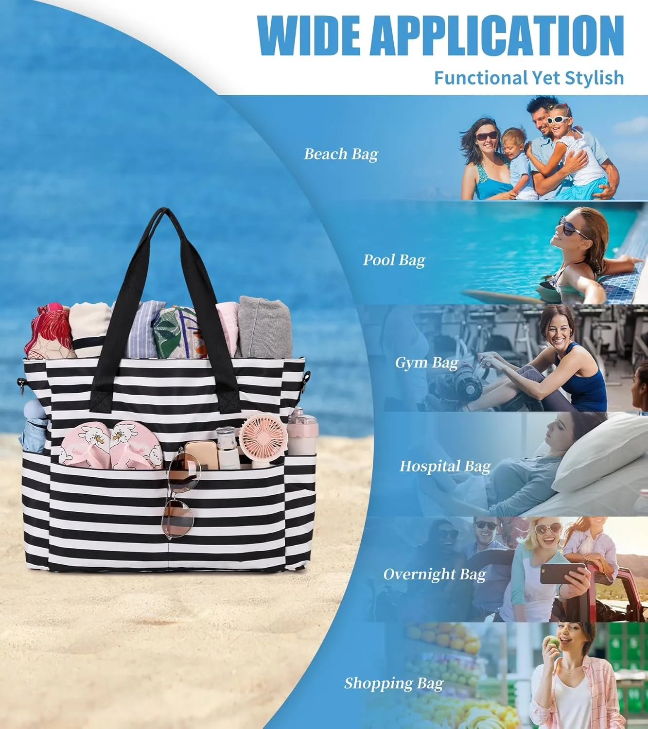 Beach Bags for Women, Large Waterproof Sandproof Swim Pool Bag with Dry Wet Seperated Pocket Utility Tote Bag