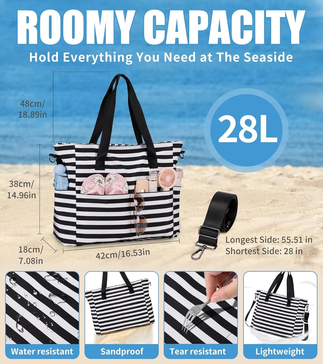 Beach Bags for Women, Large Waterproof Sandproof Swim Pool Bag with Dry Wet Seperated Pocket Utility Tote Bag