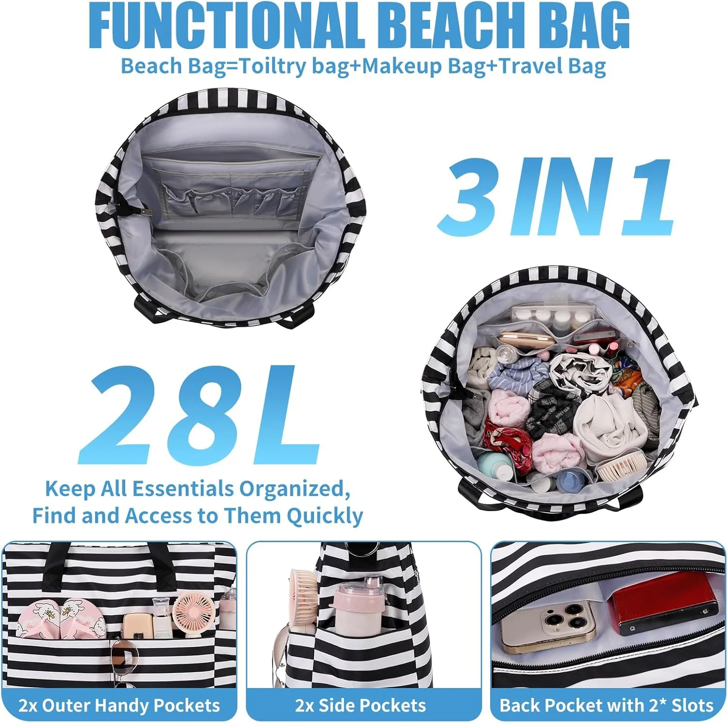 Beach Bags for Women, Large Waterproof Sandproof Swim Pool Bag with Dry Wet Seperated Pocket Utility Tote Bag
