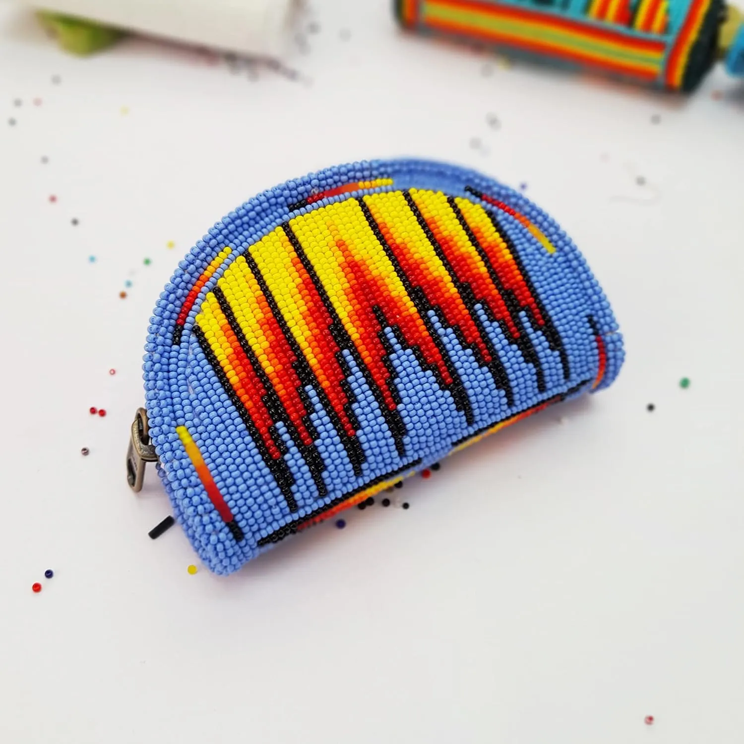 Beaded Coin Purse, Change Purse For Women, Zippered Change Pouch Wallet, Small Leather Pouch, designer key pouch (Cornflower Blue)