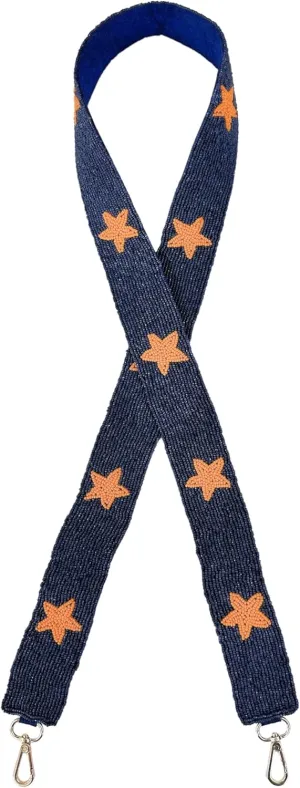 Beaded Purse Strap Navy Blue & Orange Stars College Pro Game Day Denver Clear Handbag Replacement Strap Stadium Football University 49 x 1.75” Gold Hardware Clips