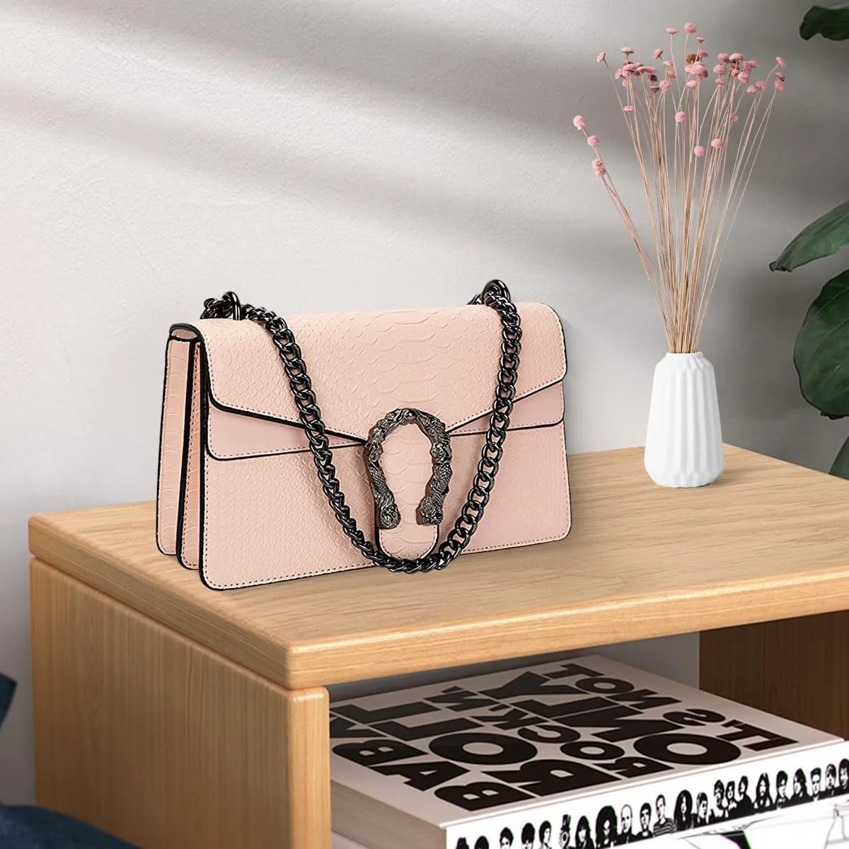 Bealin Women's Crossbody Shoulder Bag Retro Snake Print Square Satchel Handbag Chain Strap Clutch Leather Bag