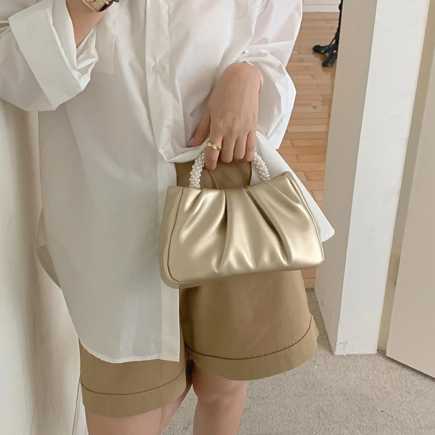 Beatfull Evening Purse Women Small Pearl Handbags Soft Leather Ruched Bag Wedding Bridal Clutch Party Prom Crossbody Purses