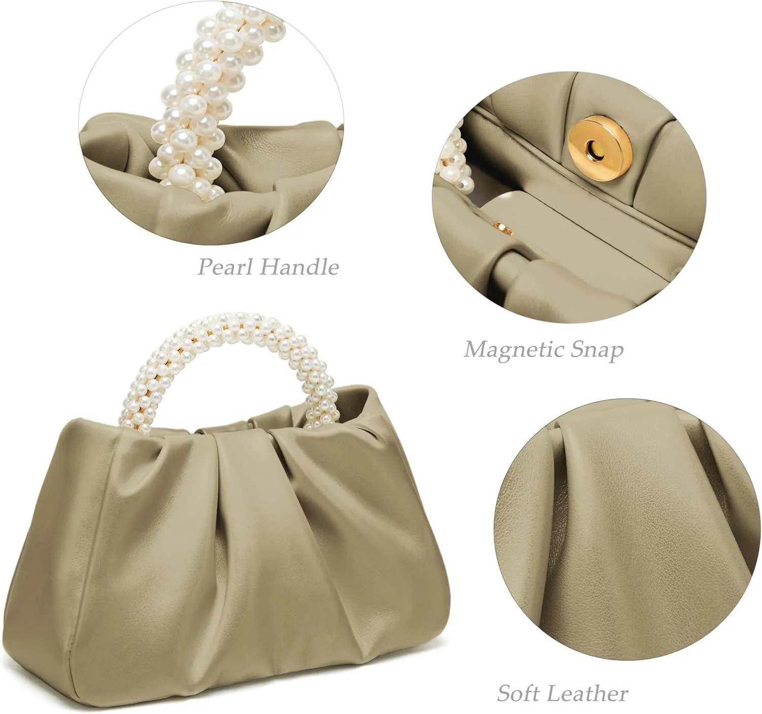 Beatfull Evening Purse Women Small Pearl Handbags Soft Leather Ruched Bag Wedding Bridal Clutch Party Prom Crossbody Purses