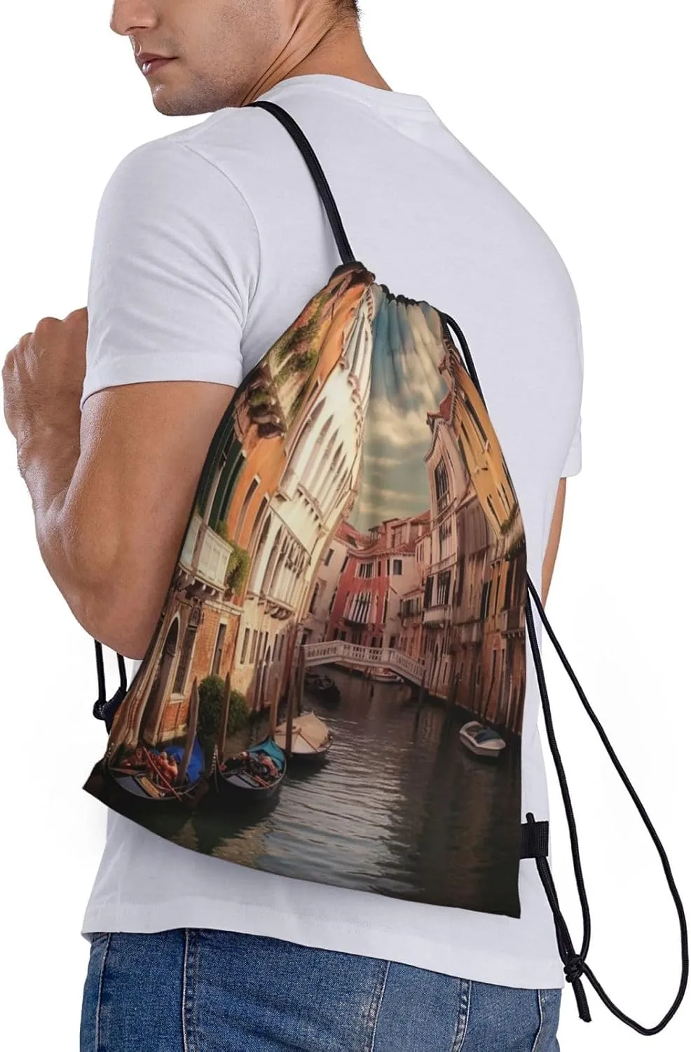 Beautiful Venice Canal View Drawstring Backpack Waterproof String Bag Cinch Bags Portable Gym Bag for Women Men