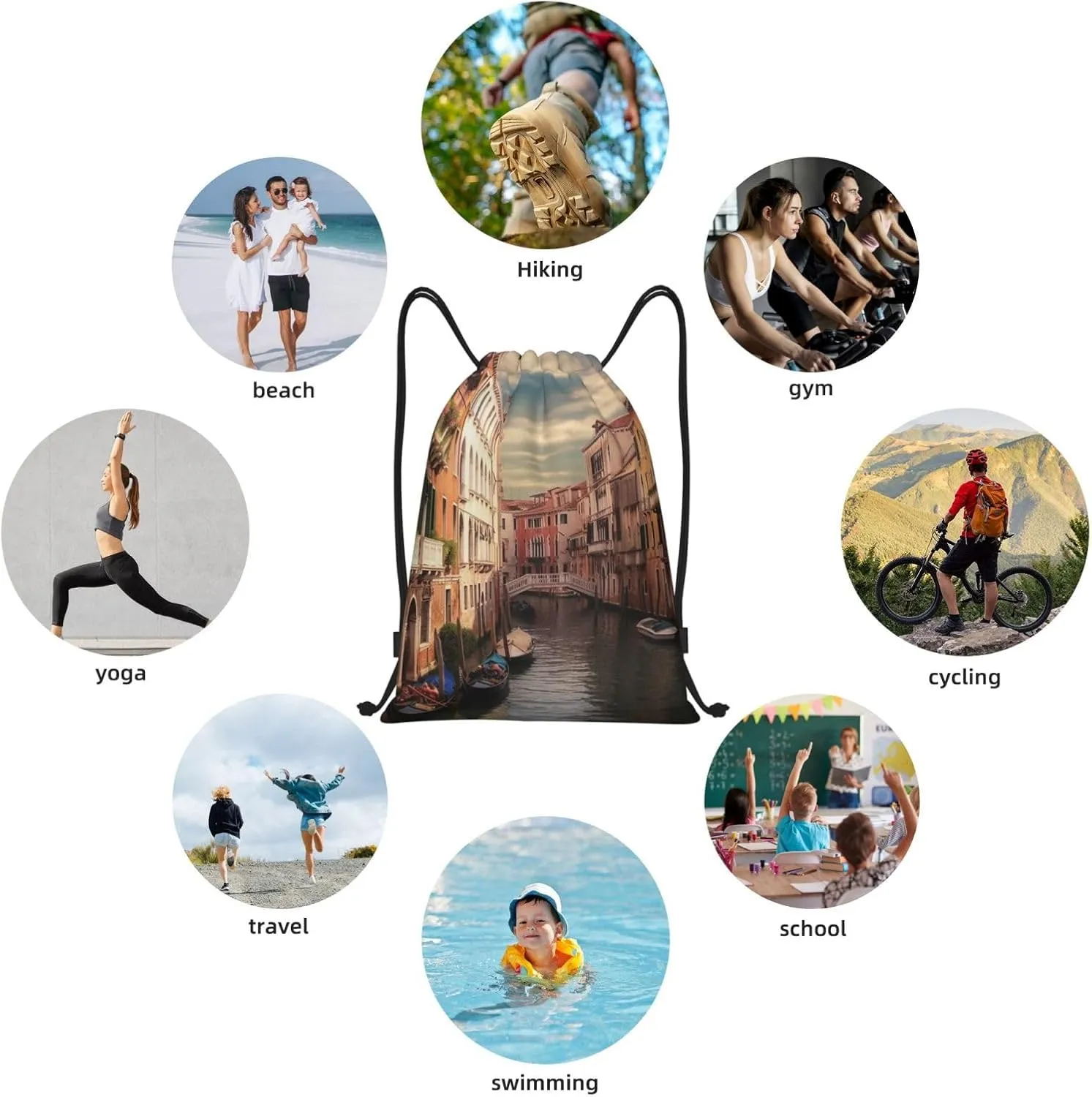 Beautiful Venice Canal View Drawstring Backpack Waterproof String Bag Cinch Bags Portable Gym Bag for Women Men