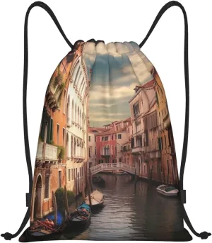 Beautiful Venice Canal View Drawstring Backpack Waterproof String Bag Cinch Bags Portable Gym Bag for Women Men