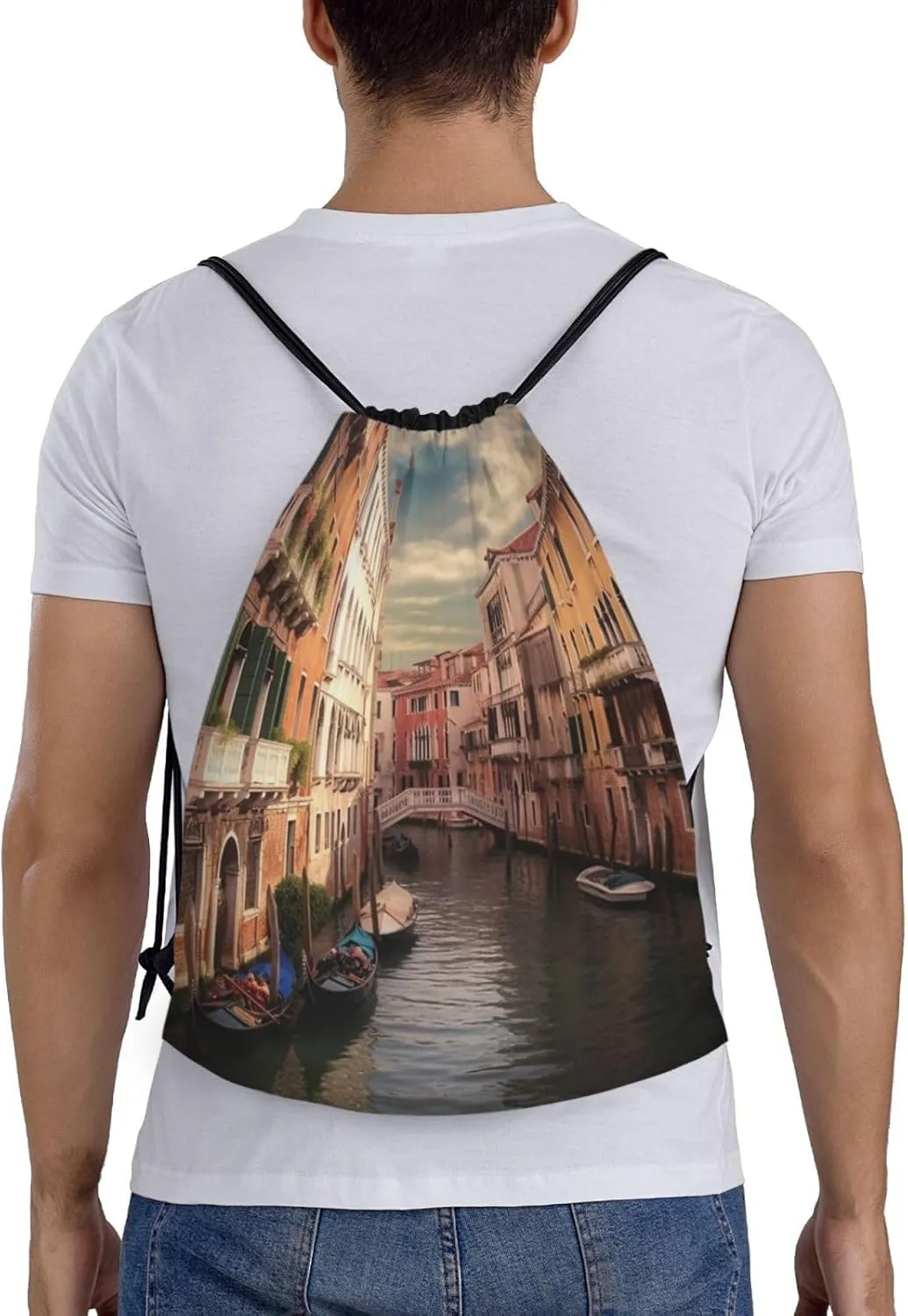 Beautiful Venice Canal View Drawstring Backpack Waterproof String Bag Cinch Bags Portable Gym Bag for Women Men