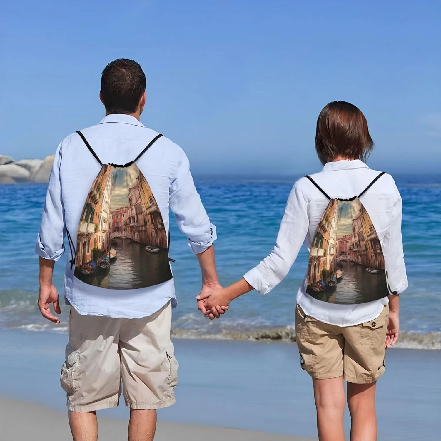 Beautiful Venice Canal View Drawstring Backpack Waterproof String Bag Cinch Bags Portable Gym Bag for Women Men