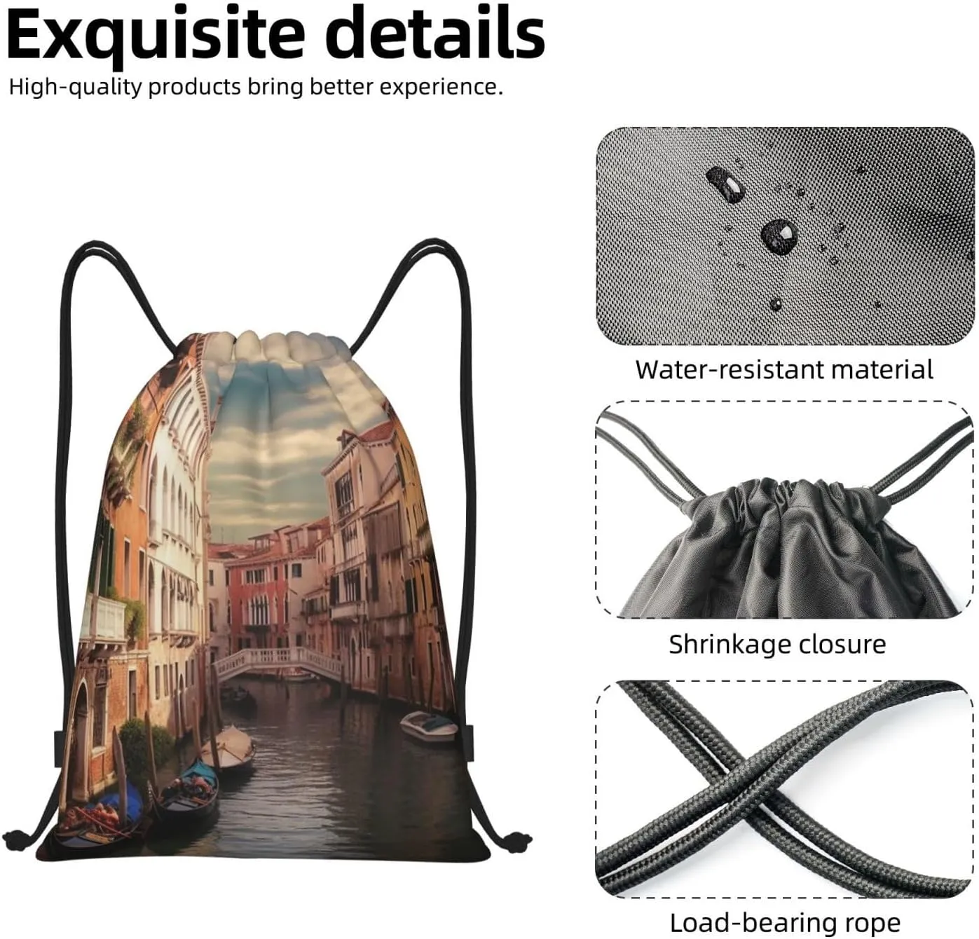 Beautiful Venice Canal View Drawstring Backpack Waterproof String Bag Cinch Bags Portable Gym Bag for Women Men